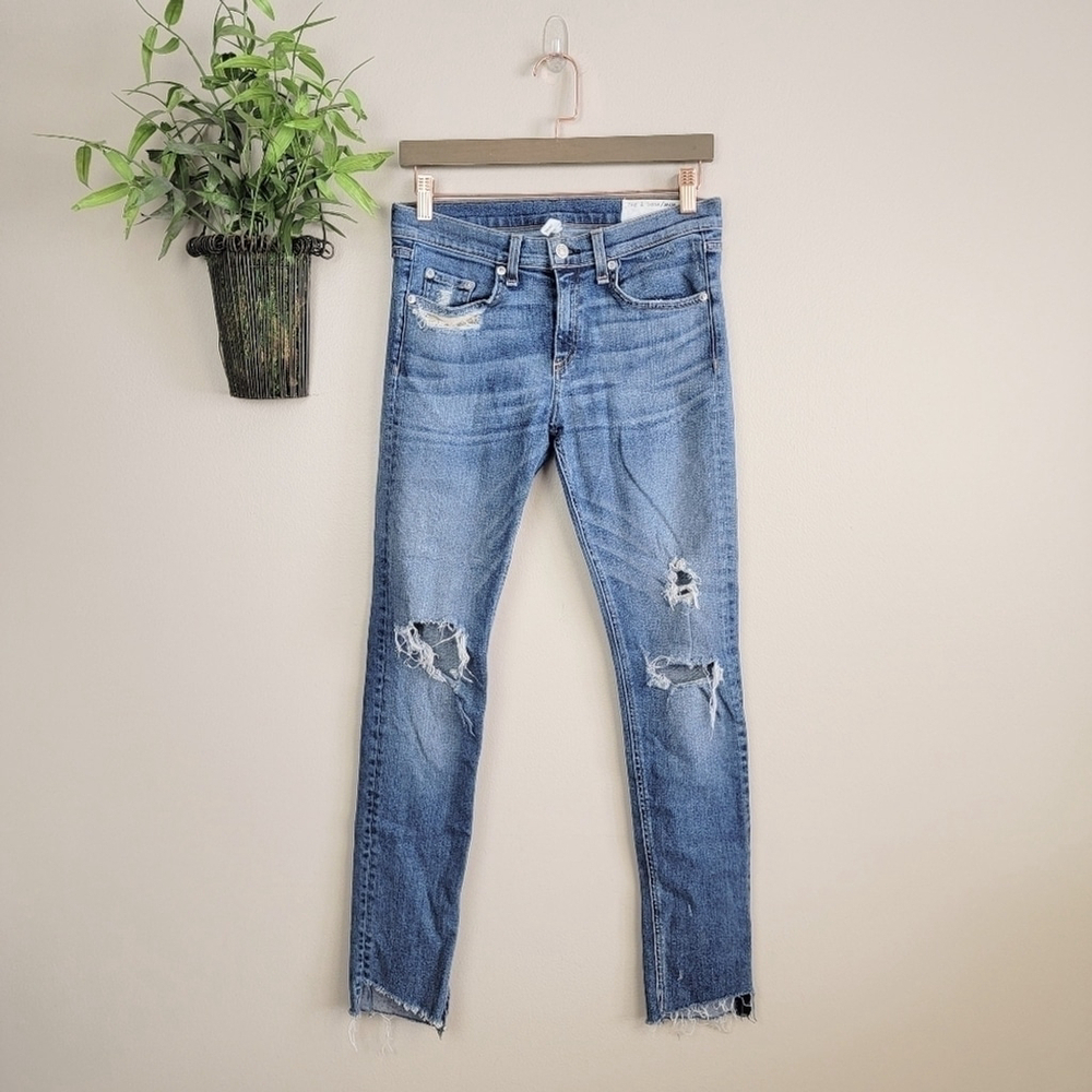 Rag & Bone Skinny Distressed Frayed Step Hem Commodore Mid Rise stretch Jeans 28